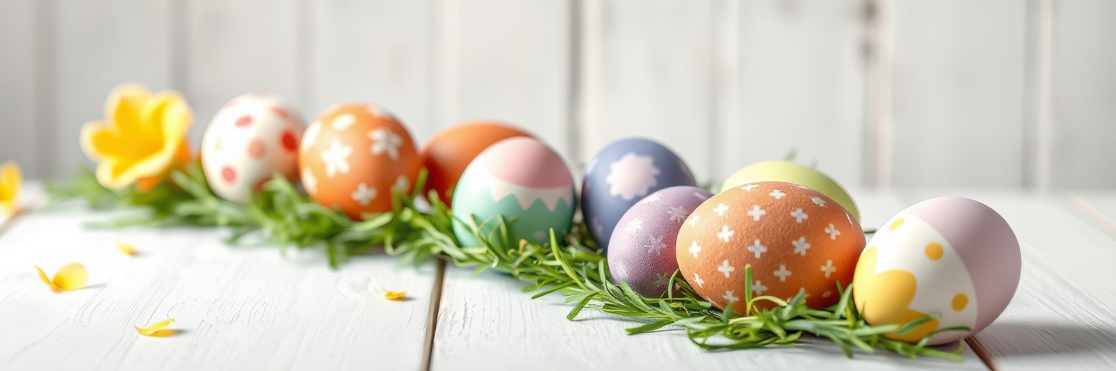 Colorful decorated Easter eggs displayed with fresh greenery and flowers indoors during spring celebration